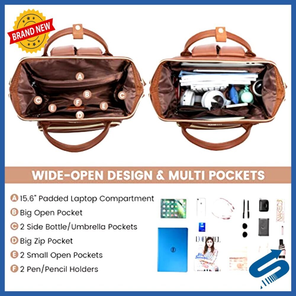 Leather Laptop Backpack Professional Work Bag Travel Purse with USB Port - Picture 2 of 6